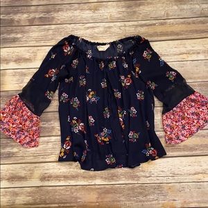 Floral navy blouse with bell sleeves